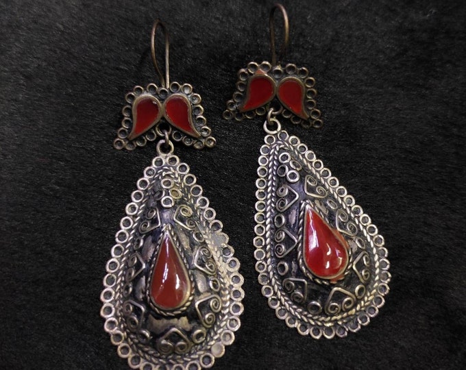 Wonderful Vintage Kazaki Old Silver Earrings With Natural Red Agate Stone