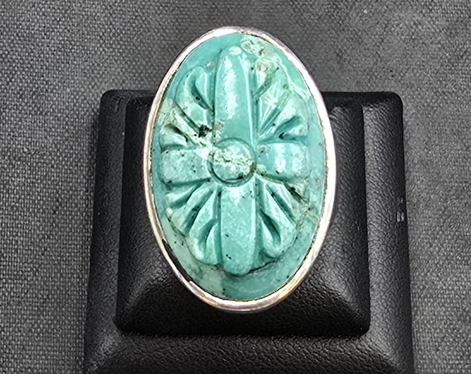 Unique Carved Natural Turquoise Stone Vintage Afghanistan Silver Soild Silver Ring