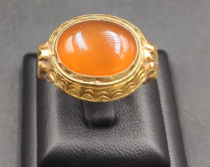20k Gold Mid Eastern Wonderful Ring With Natural Ancient Yeman Agate Stone