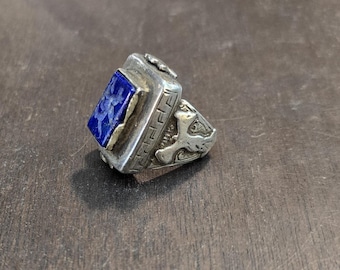 Vintage Silver Ring: Lapis Lazuli Pegasus Intaglio, Size 8 3/4
