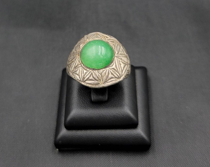 Antique Old Silver Near Eastern Ring Ancient Green Jade Stone