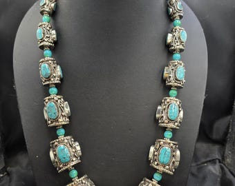 Wonderful Vintage Silver Brass Tibeten Necklace with Natural Old Turquoise Stone