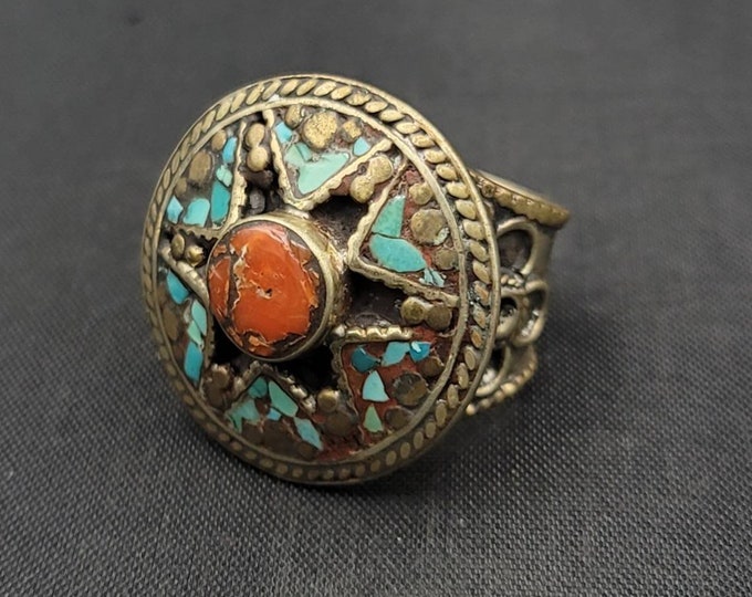 Vintage Beautiful Baho Tibeten Silver Ring With Natural Turquoise And Coral Gemstone