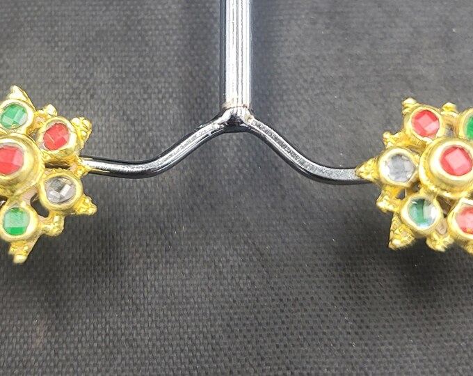 Beautiful Vintage Silver Gold Plated Earrings With Natural Multi Simi Precious Gemstone