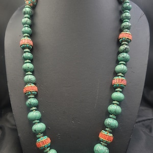 Antique Turquoise and Red Coral Stone Bead Necklace (62cm)