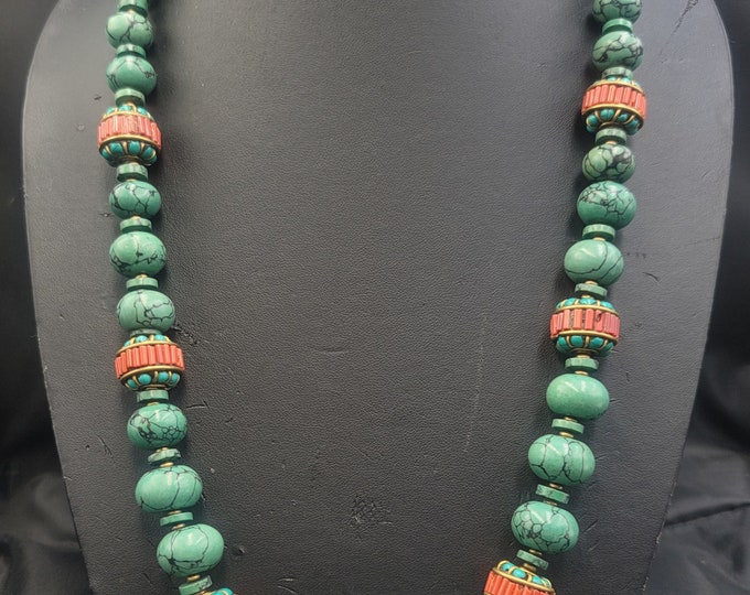 Genuine Antique Old Natural Turquoise Stone Beads and RedCoral Stone Beads Necklace