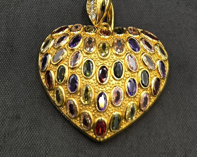 Beautiful Vintage Handmade Silver Gold Plated Victorian Design Pendant With Natural Simi Precious Gemstones