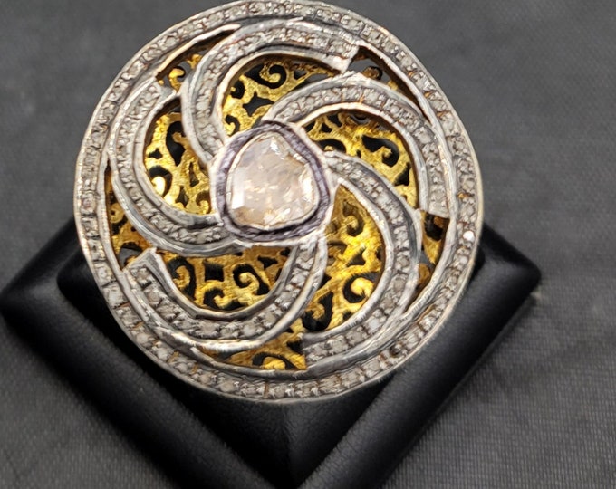 Silver Gold Glit Wonderful Vintage Victorian Ring With Natural Uncut Daimond Gemstone