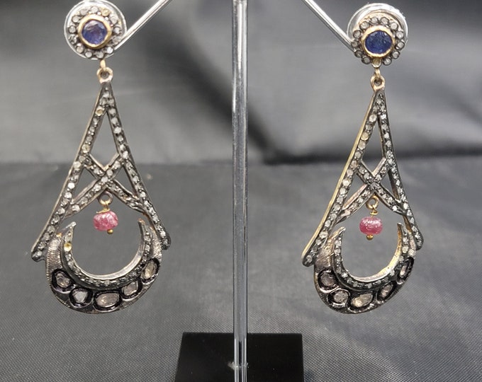 Vintage 22k Gold Over Silver Beautiful Earrings With Rose Cut Daimond  Red Ruby And Sapphire Gemstone
