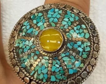 Medieval Turquoise Ring: Antique Silver Handmade Band, Size 10