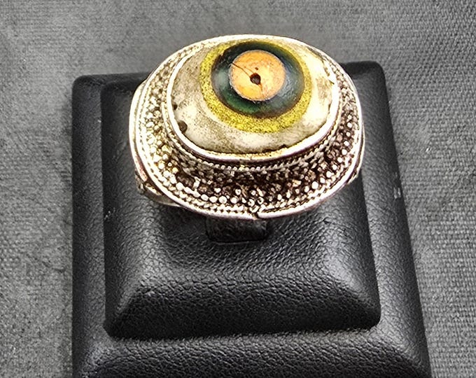 Rare Color Mosaic Gabree Evil Eyes Powerful Protection Antique Silver Ring