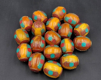 Vintage Nepali Copal Beads: Turquoise & Coral Inlaid (28mm)