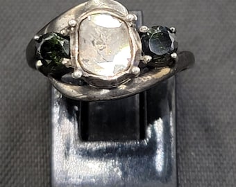 Handmade Sterling Silver Vintage Ring: Rose Cut Diamond & Sapphire, Size 7