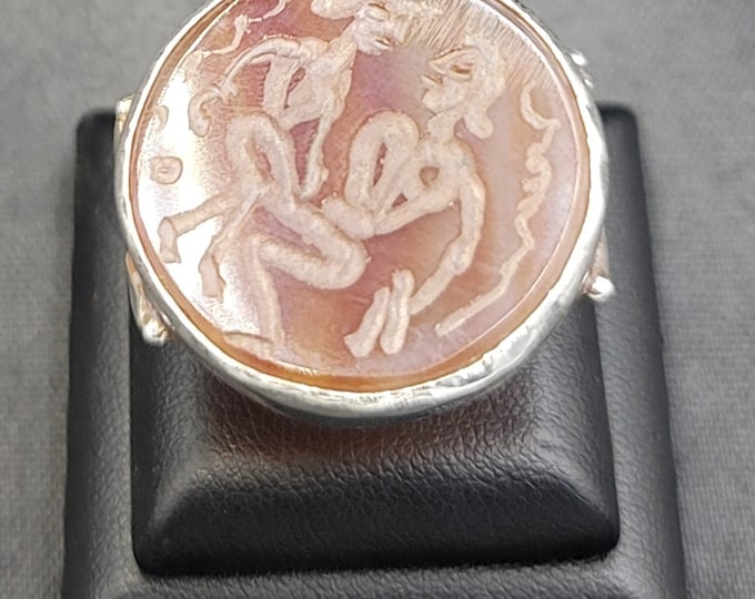 Antique Old Silver King And Queen Intaglio Unique Silver Ring With Ancient Agate Stone