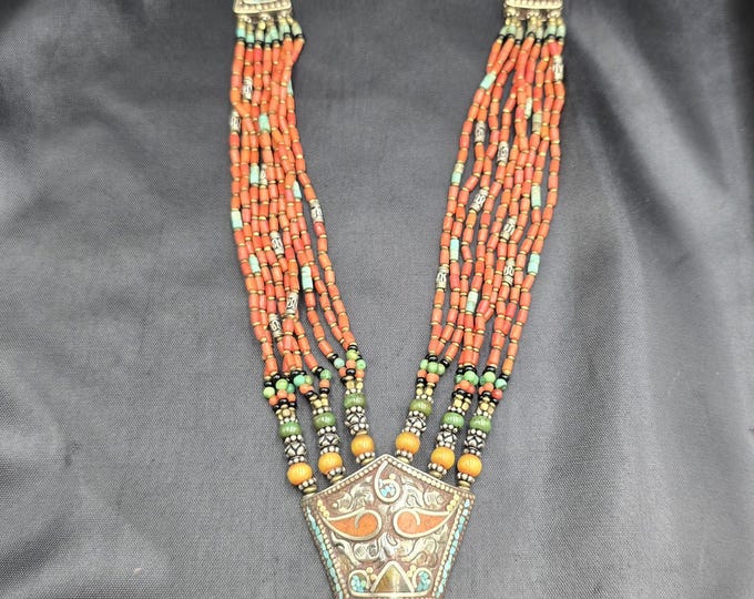 Vintage Silver Pendant Necklace: Natural Coral & Turquoise, 60cm