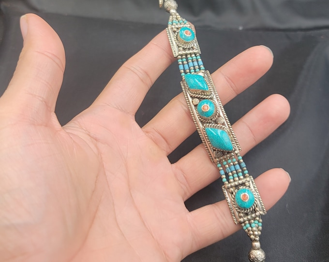 Vintage Baho Design Silver Tibeten Barclet With Turquoise And Coral Gemstone