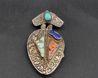 Vintage Tibetan Silver Pendant: Turquoise, Coral & Lapis Lazuli