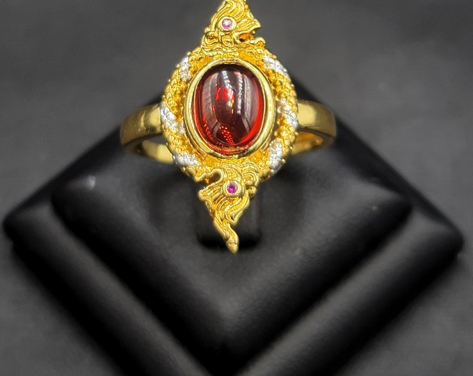 Silver Gold Plated Ring Vintage Near Eastern with Red Garnet Adjustable Free Size Ring