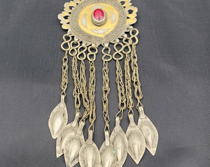 Beautiful Antique Turkmani Silver With Gold Gulding Pendant With Agate Stone