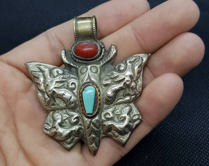 Vintage Magnificent Silver Plated Turquoise and Coral Stone Butterfly Pendant