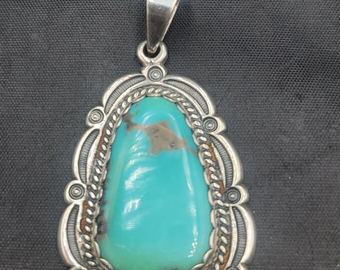 Natural Turquoise Native American Vintage Silver Unique Big Pendant