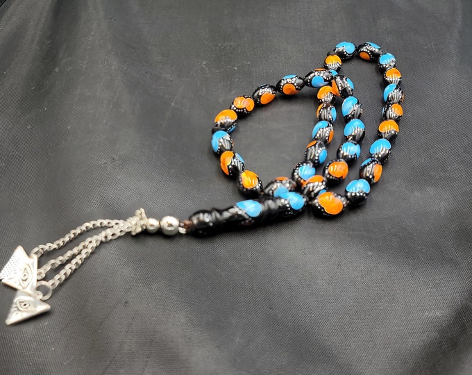 Genuine Black Coral Stone Beads 32 Prayer Beads Silver And Copal Inlaid Wonderful Antique Misbah Tasbi