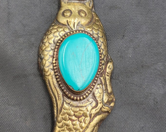 Beautiful Vintage Brass Handmade Owl Shape Turquoise Pendant Tibetan Design