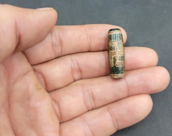 Rare! Himalayan Antique Etched Green Unique Agate Dzi Pattern Bead Amulet Pendant