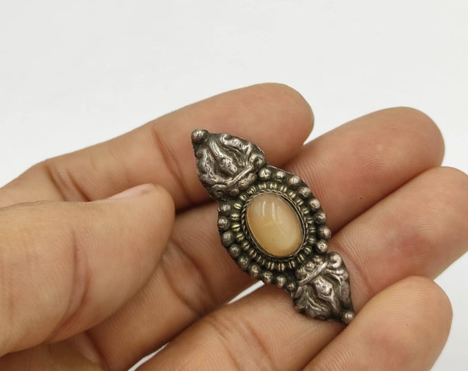 Antique Silver Old Pin Beautiful Pendant Amulet With Fire Agate Stone