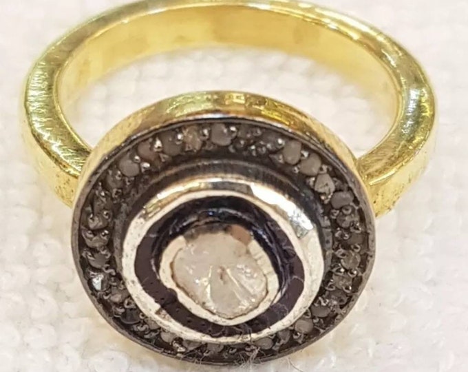 Beautiful Victorian Rose Cut Natural Daimond Silver Gold Plated Unisex Ring