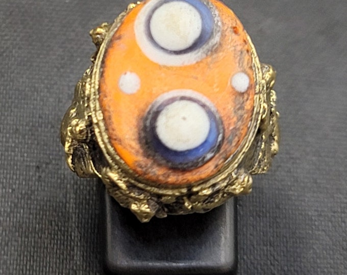 Unique Vintage Bronze Ring With Ancient Glass Mosaic Gabree 2 Eyes Powerful Protection