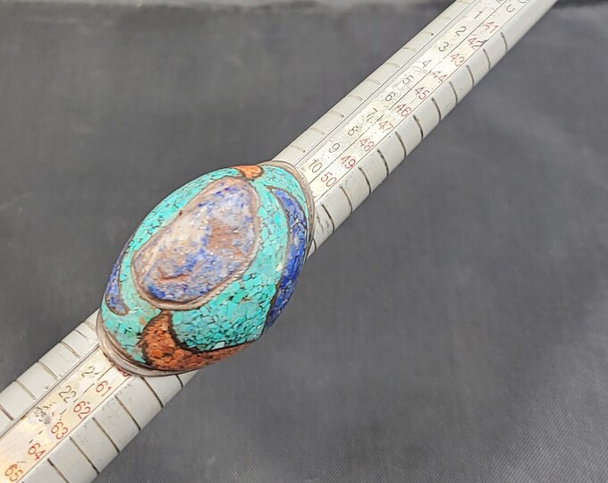 Huge Vintage Ring With Natural Lapis Lazuli And Coral Gemstone Silver Ring