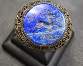 Antique Old Silver Huge Ring With Natural Lapis Lazuli Deer Intaglio