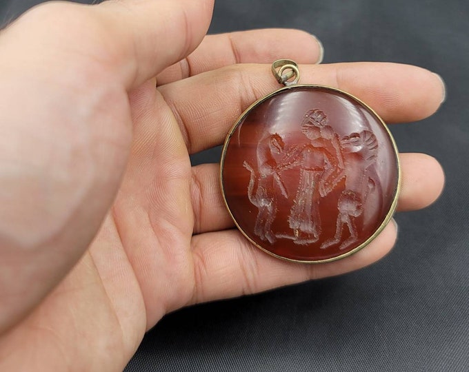 Ancient Unique Near Easter Wonderful Silver Pendant With Natural Agate Stone King  Intaglio