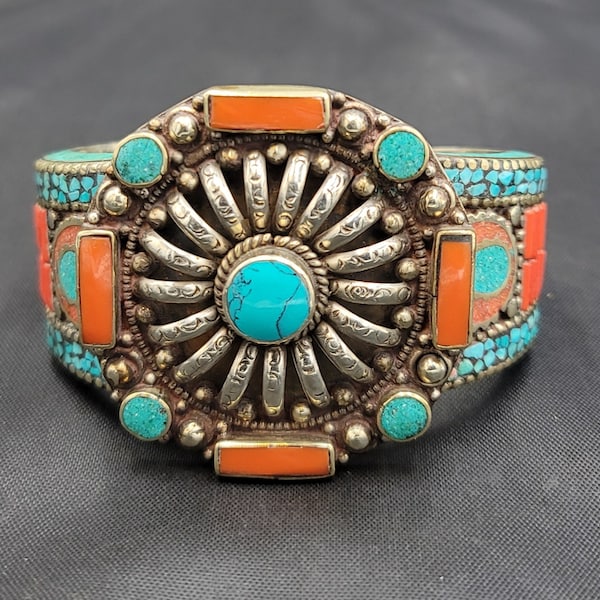 Vintage Tibetan Silver Bangle Bracelet Cuff With Turquoise And Coral Gemstone