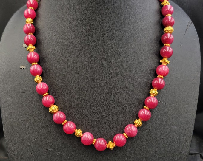Beautiful Vintage Natural Pick Ruby Beads Gemstone With Gold Plated Beads Mughal Design Necklace