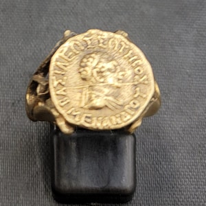 Ancient Bronze Greek Empire King Coin Ring - Size 7