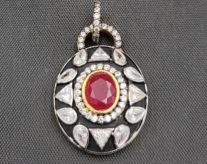 20k Gold Over Silver Beautiful Victorian Pendant With Natural Ruby And White Toppaz Gemstone