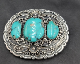 Native American Turquoise Sterling Silver Belt Buckle - Vintage Handmade