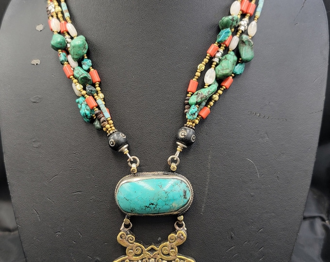 Vintage Antique Quality Boho Tibeten Turquoise And Coral Old Silver Necklace