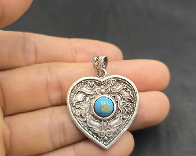 Vintage Silver Handmade Tibeten Design Pendant With Natural Turquoise Stone