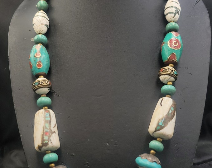 Antique Silver Turquoise Beads Stone And Shell Beautiful Necklace Vintage Tibetan Necklace