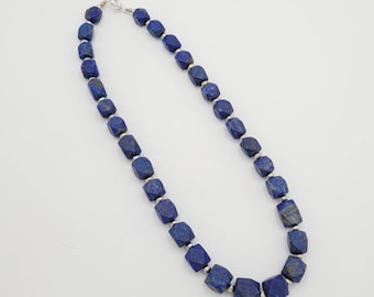Lapis Lazuli Stone Bead Necklace with Silver Beads - Afghanistan