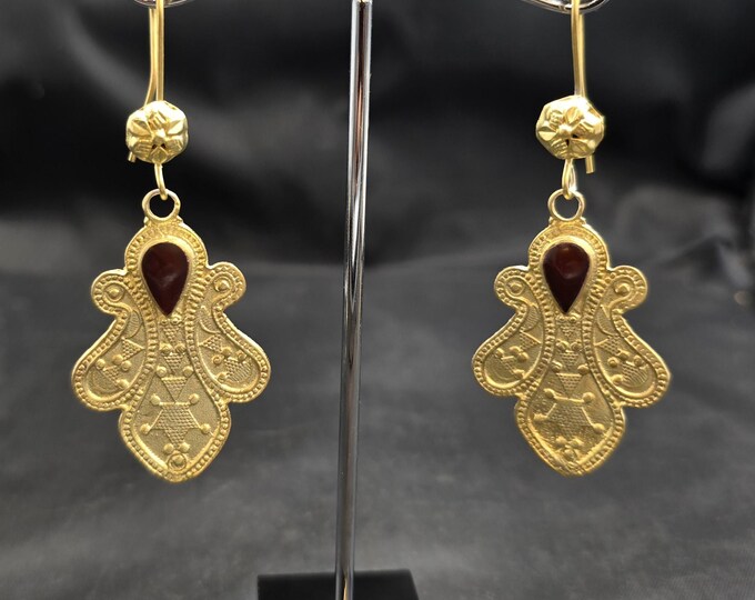 Beautiful Vintage Turkman Design Handmade 20k Gold Over Silver Earrings With Agate Stone