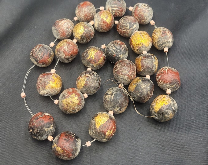 ANCIENT Old Beautiful Pyu Temple Beads Necklace With Authentic Gold Leaf Round Beads