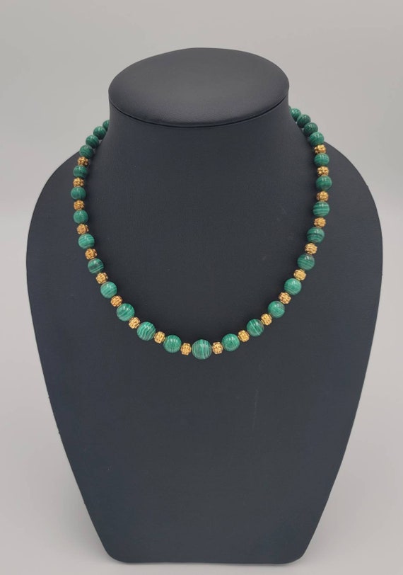 Natural Green Malachite Gemstone Beads Necklace With Gold Gulding Beads In Between