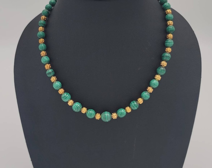 Natural Green Malachite Gemstone Beads Necklace With Gold Gulding Beads In Between