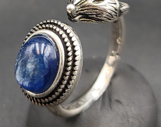 Beautiful Vintage Silver Wolf Ring With Natural Star Blue Sapphire Gemstone Adjustable Ring