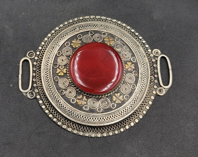 Vintage Old Silver Afghanistan Pendant Necklace With Ancient Red Agate Stone