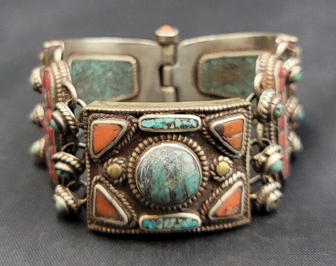 Old Silver Euthic Tibeten Silver Bangle Bracelet With Natural Turquoise Coral